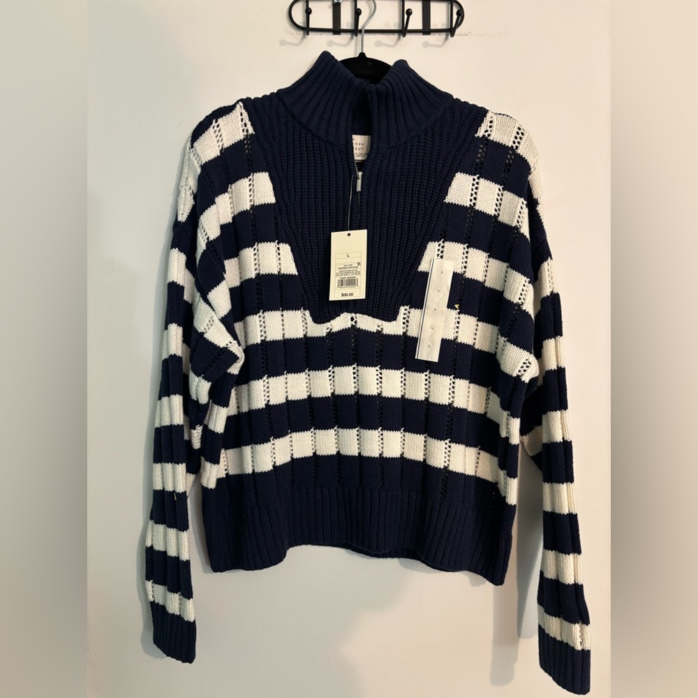 NWT a new day Womens Large Navy White Striped 1/4 Zip Sweater Nautical Open Knit